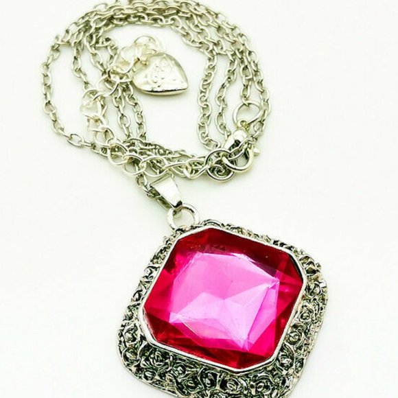 Large PINK Stone Pendant NECKLACE Silvertone Frame and Chain - Picture 2 of 3